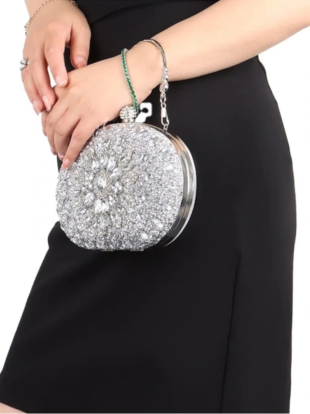 Luxe Silver Crystal Floral Oval Evening Clutch